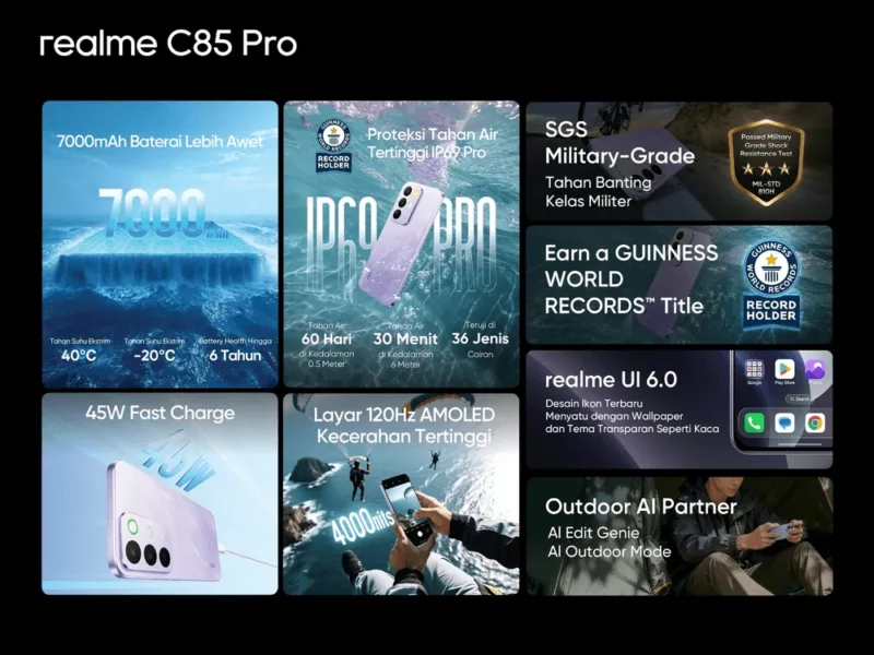 Content image for article: realme C85 Pro Resmi Dirilis, Tawarkan Ketahanan Air IP69 Pro