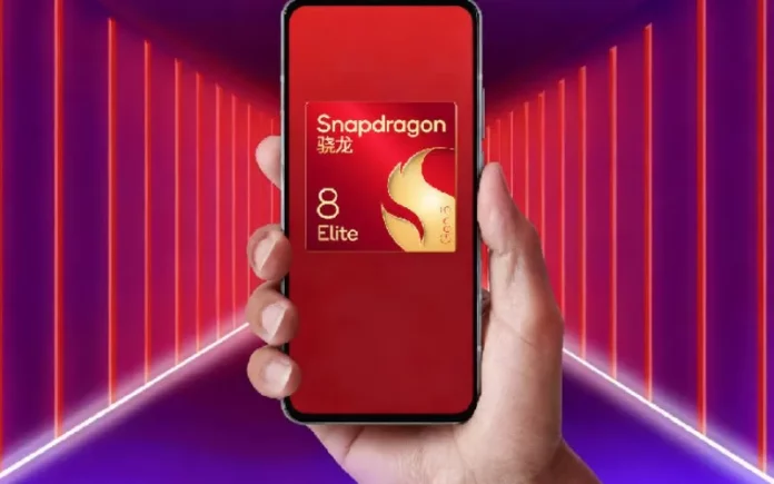 Ilustrasi chipset Qualcomm Snapdragon dengan logo Quick Share dan iPhone di latar belakang